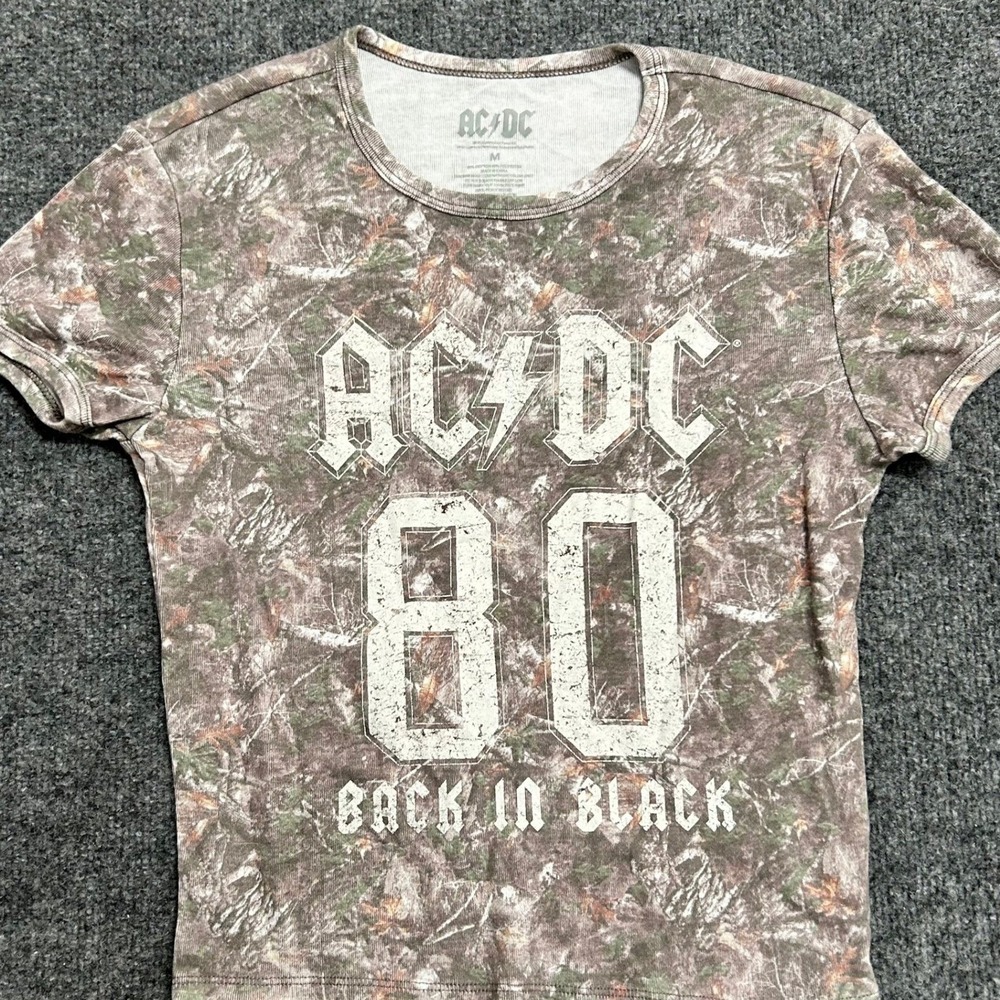 AC/DC T-Shirt Womens Size M Brown Camo Graphic Back In Black Short Sleeve Tee